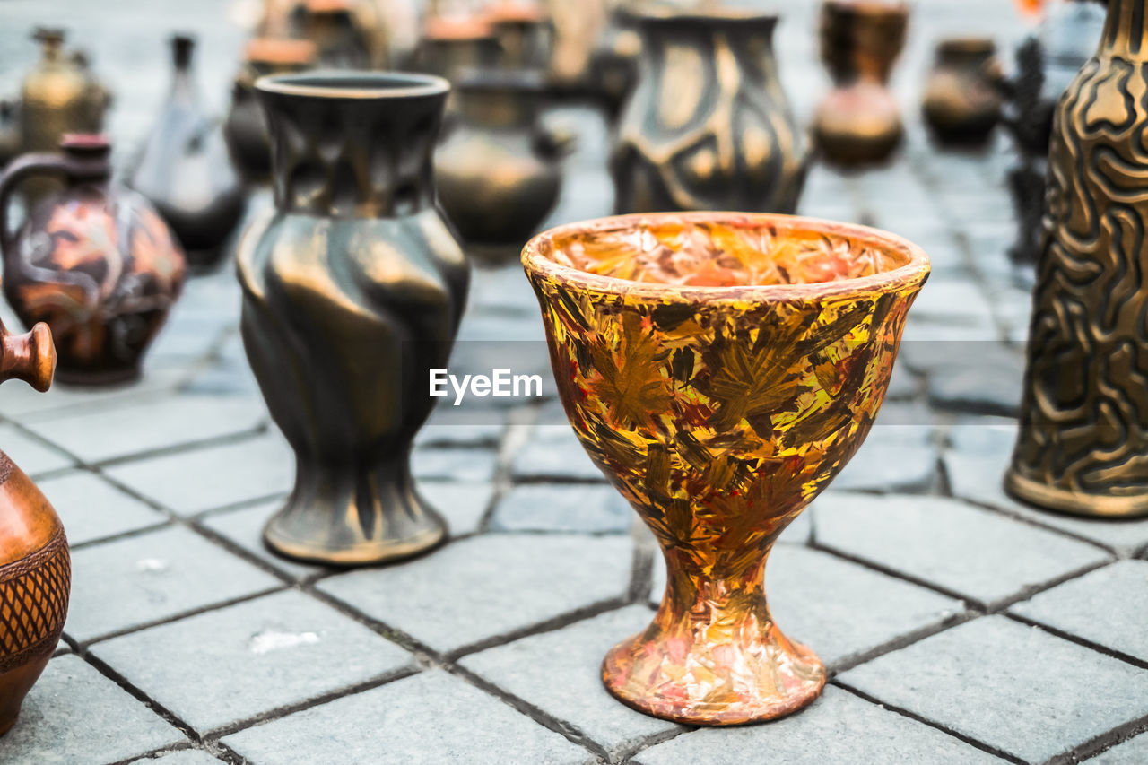 Traditional romanian handmade ceramics market at the potters fair from sibiu, romania