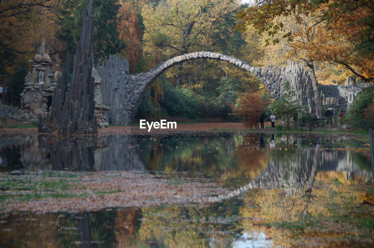 BRIDGE OVER LAKE AGAINST TREES