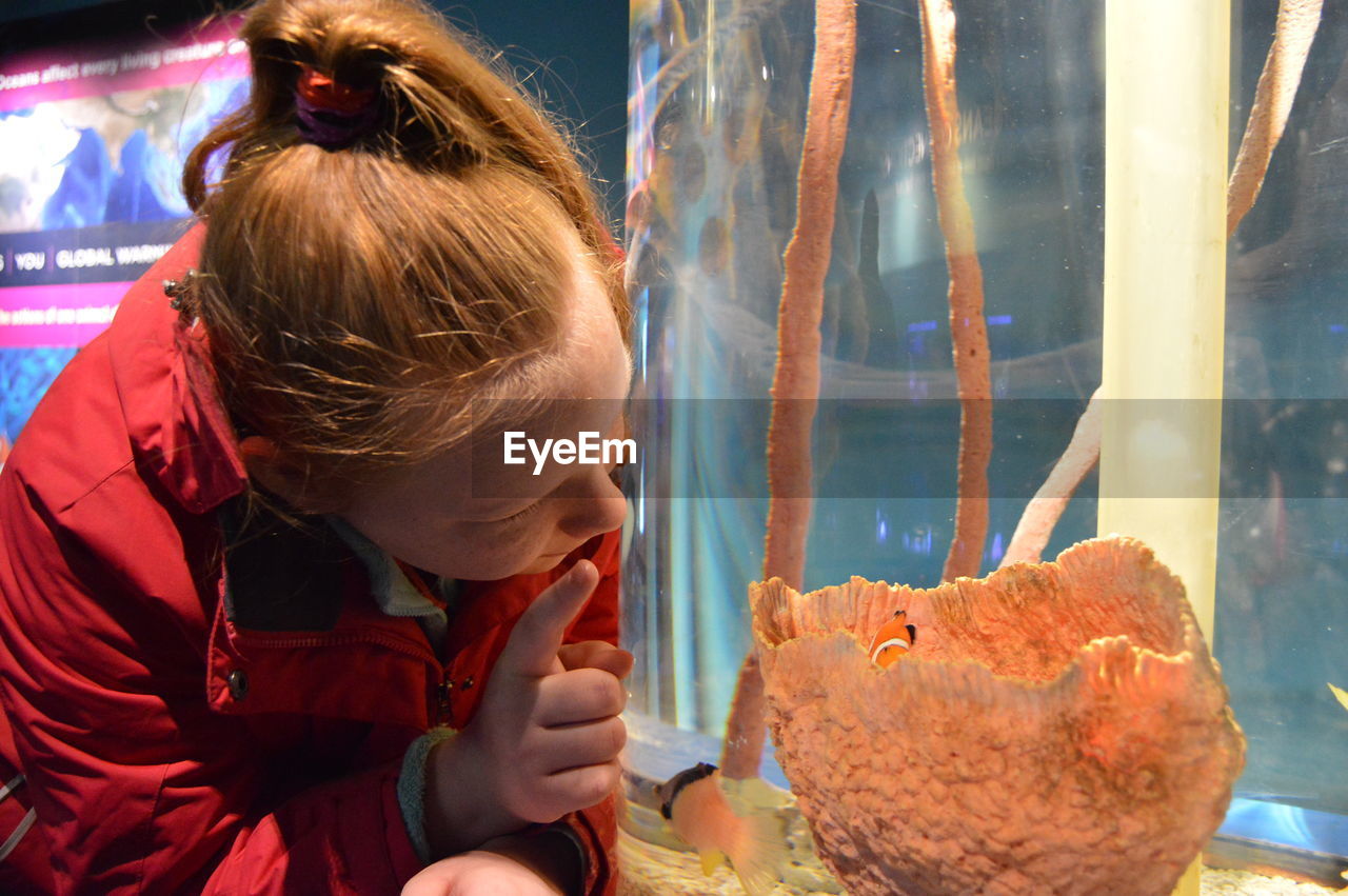 Girl looking at clown fish in coral at aquarium