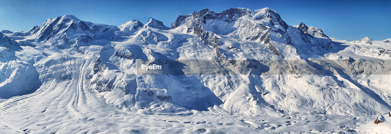 Aerial view of snowcapped mountains against sky