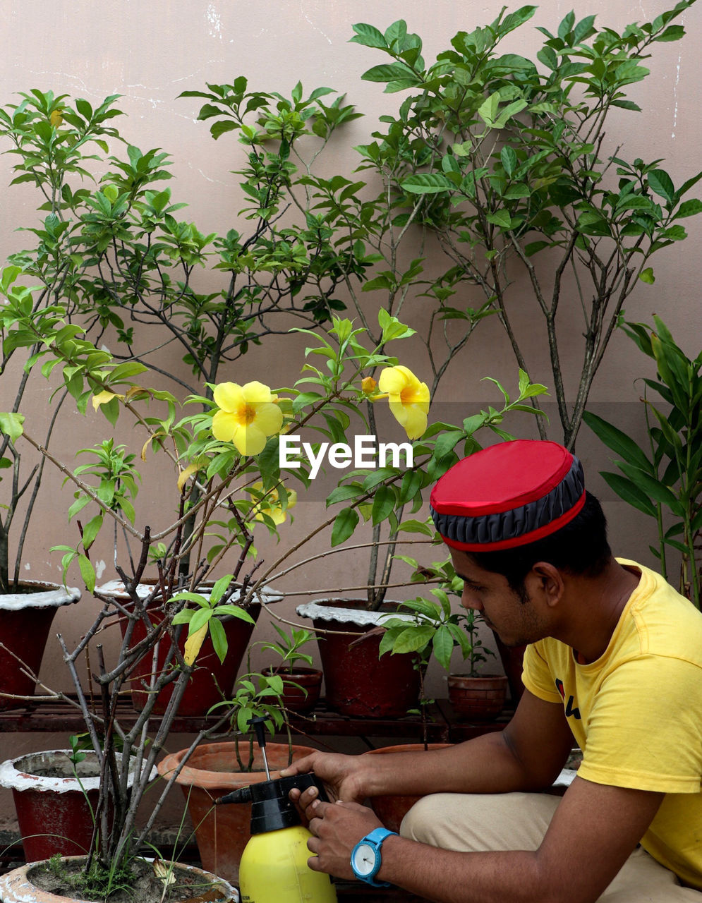 Side view of young man holding potted plant