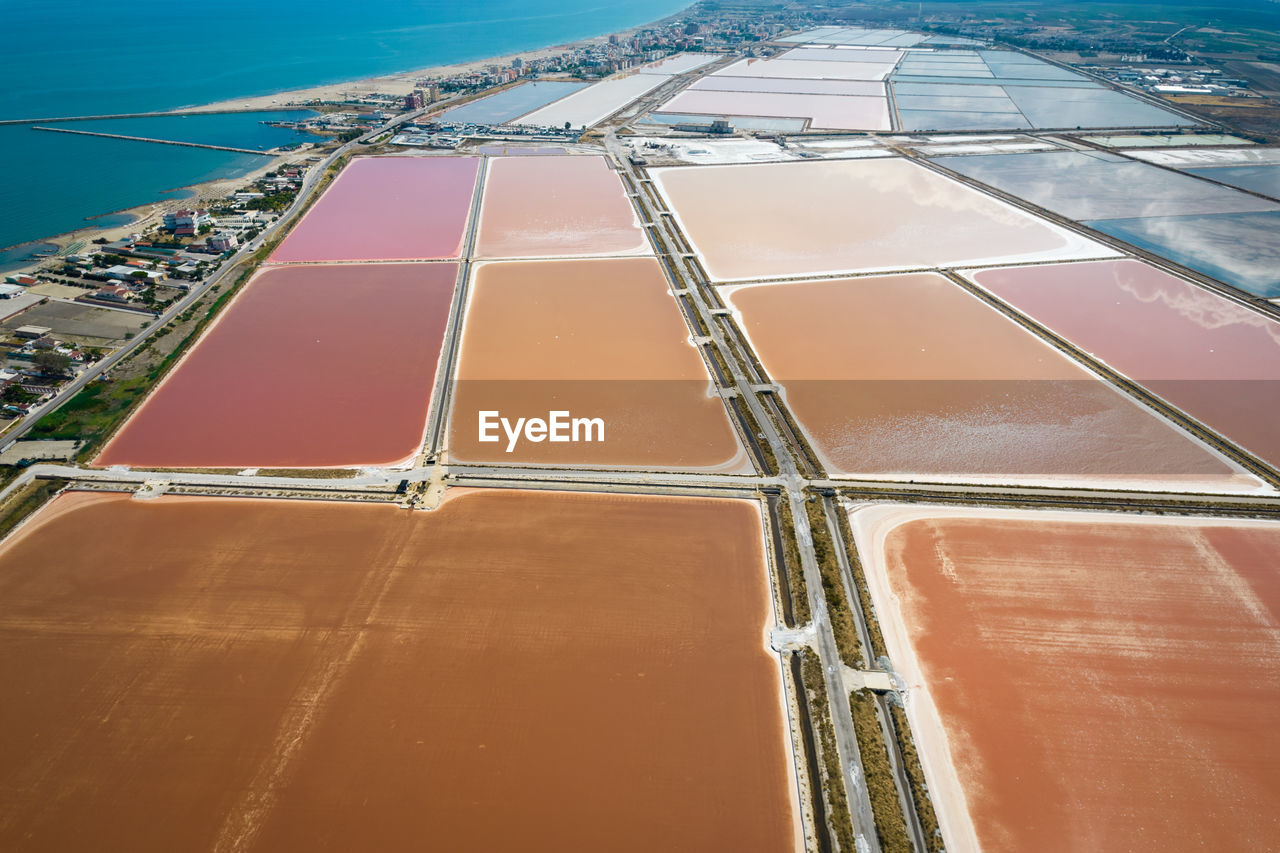 Aerial view of the salt pan in margherita di savoia, unesco heritage from above, apulia