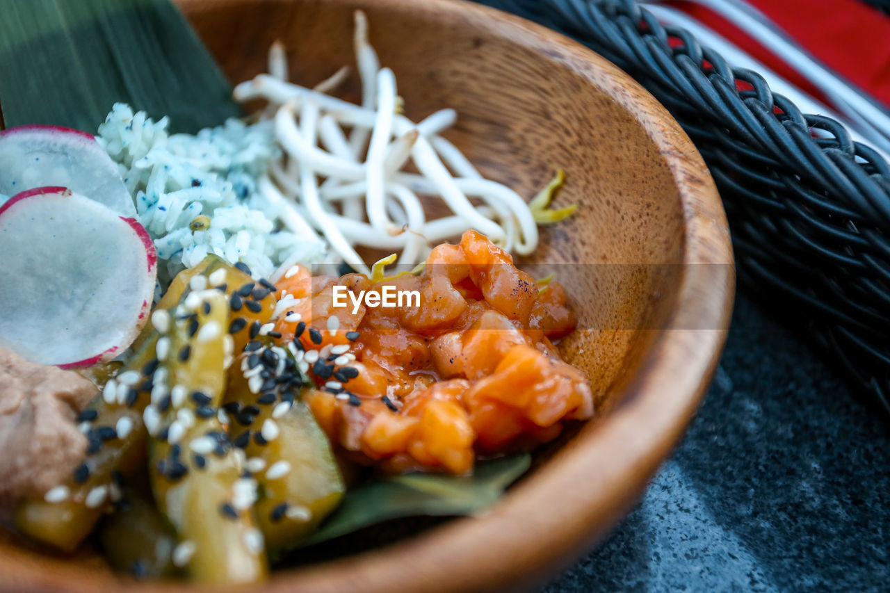 HIGH ANGLE VIEW OF FOOD ON TABLE