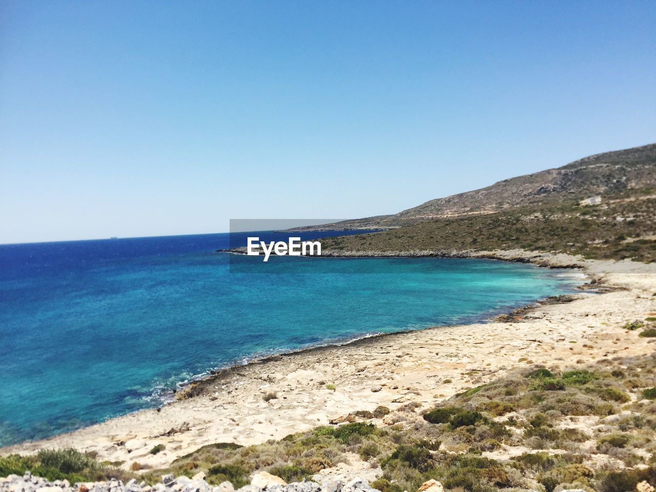 SCENIC VIEW OF BEACH AGAINST CLEAR BLUE SKY