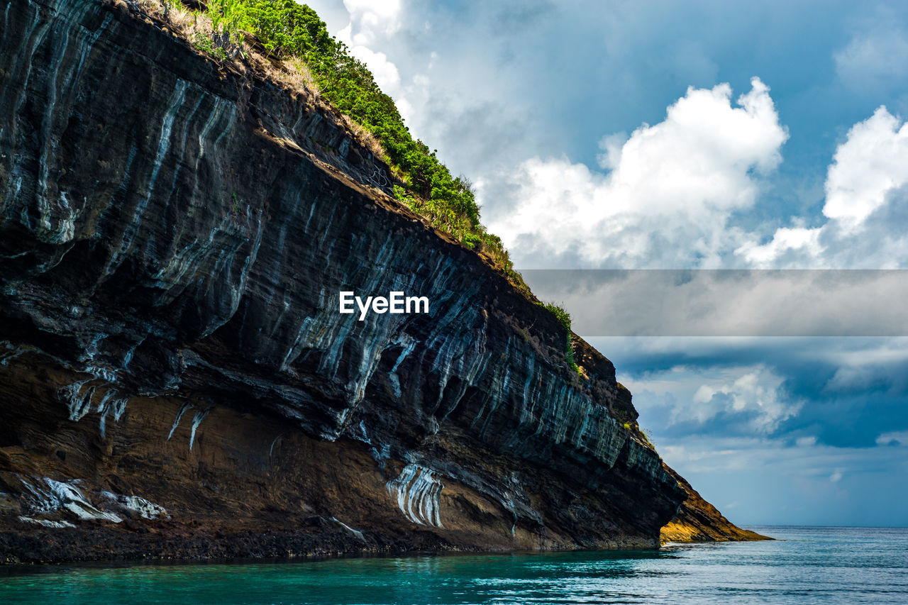 SCENIC VIEW OF ROCK FORMATION IN SEA AGAINST SKY