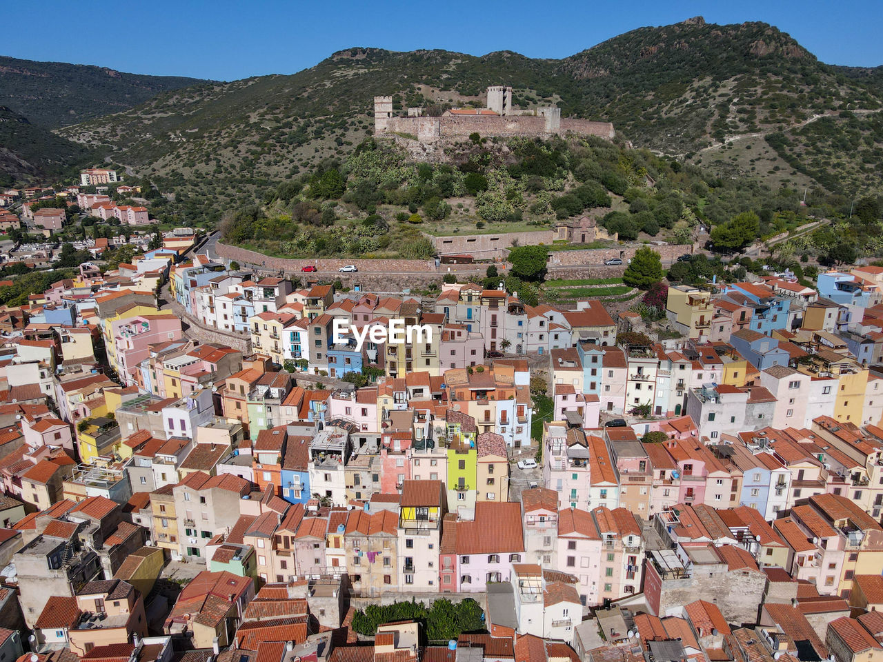 high angle view of townscape and mountains