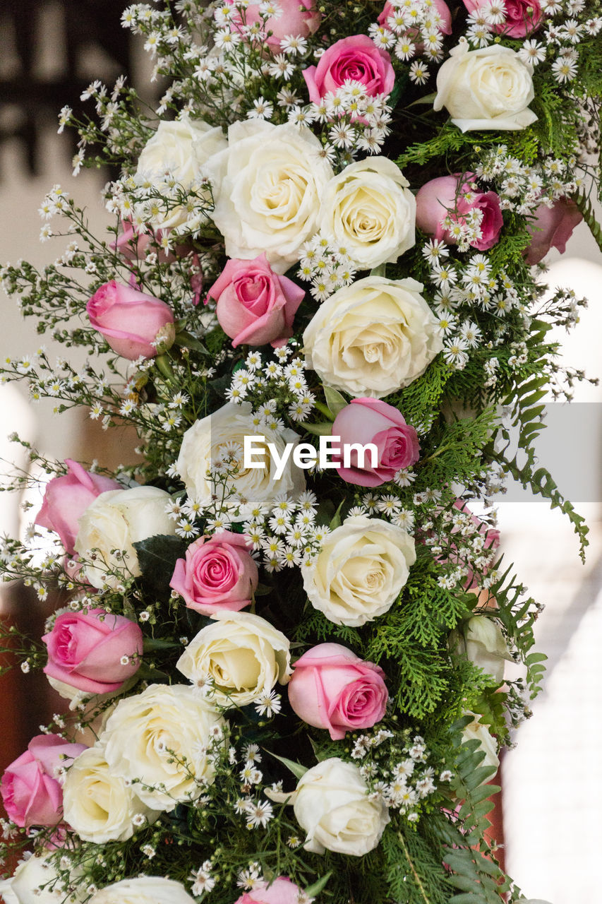 Close-up of rose bouquet against wall