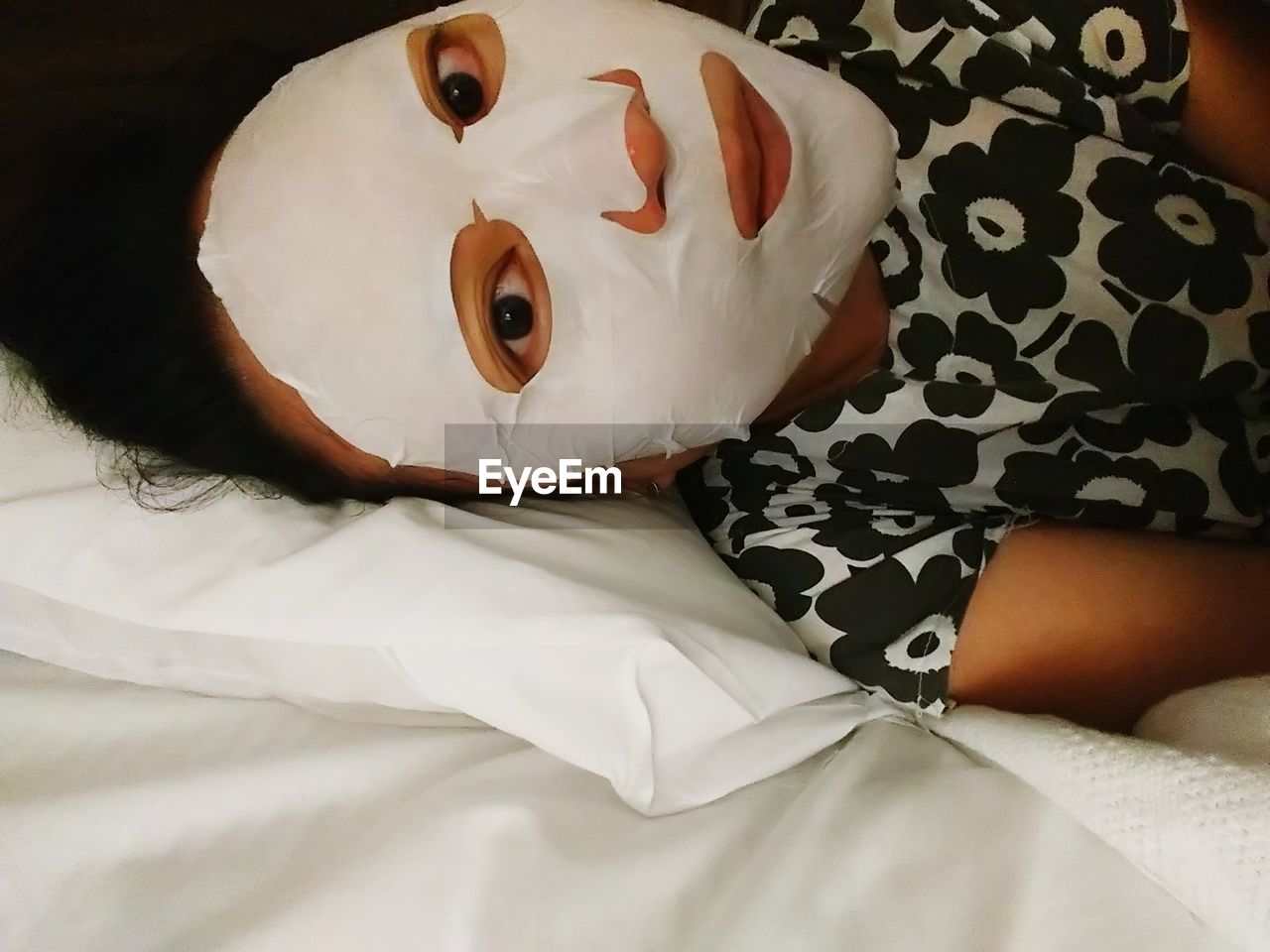 High angle view of a woman with face mask