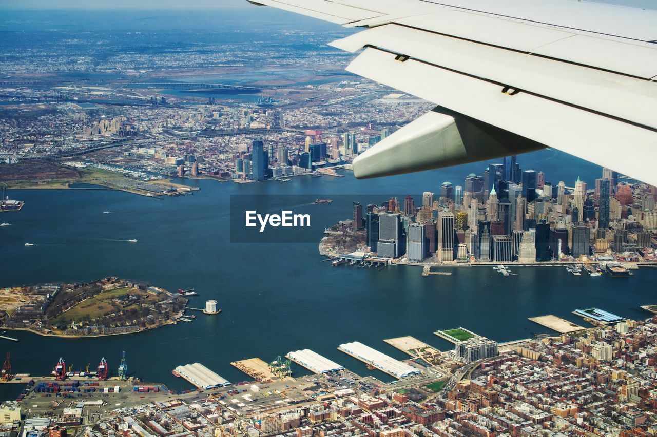 High angle view of city at waterfront