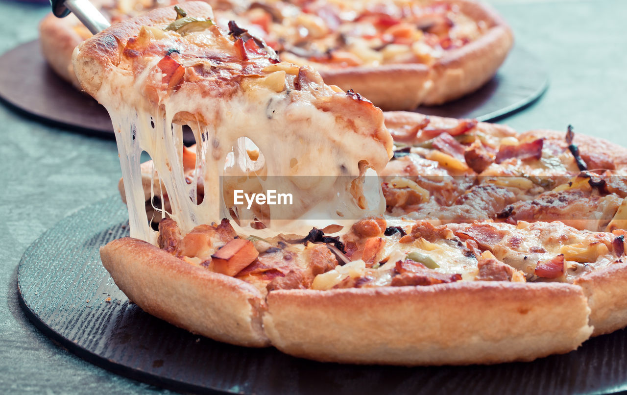 CLOSE-UP OF PIZZA SERVED ON TABLE