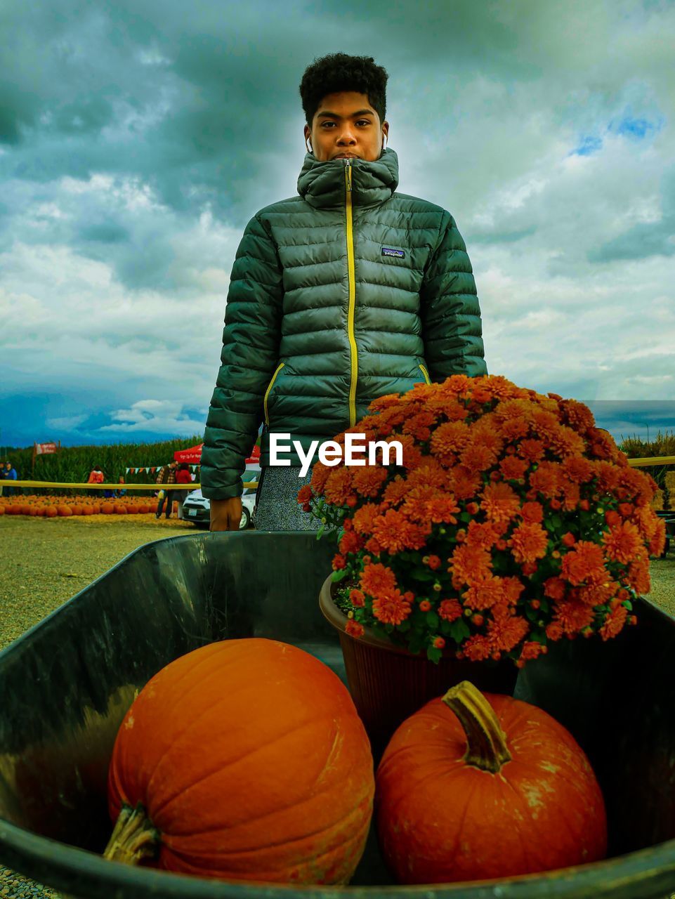 VIEW OF PUMPKINS ON FIELD AGAINST SKY