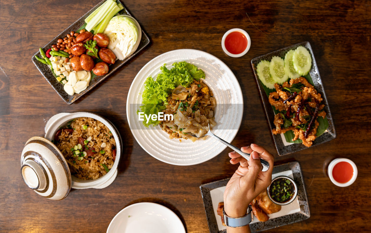 high angle view of food served on table