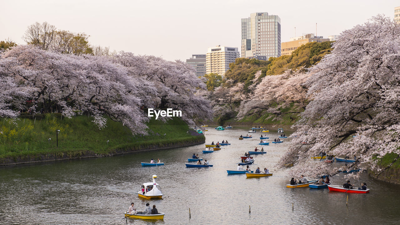 Boats in river by buildings in city