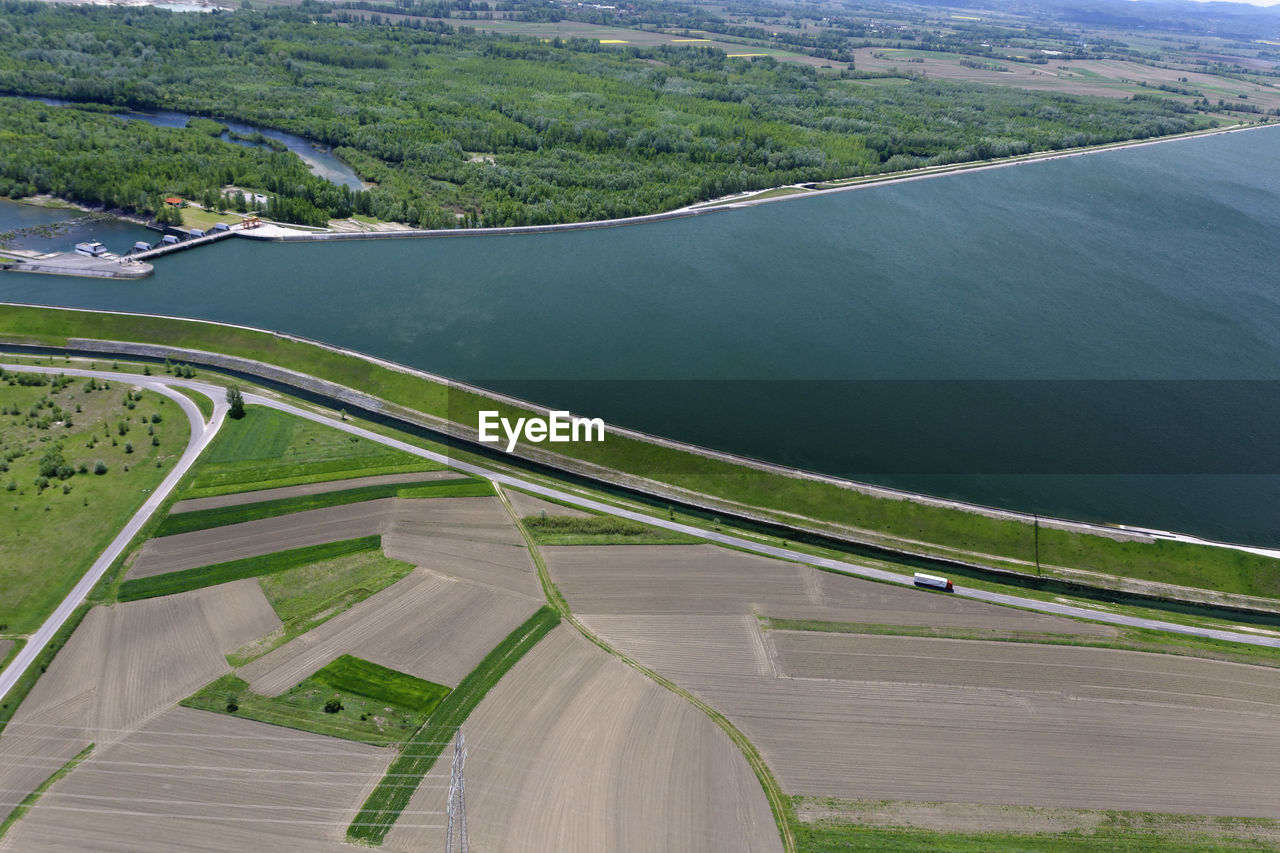 Aerial view of the hydropower dam on the drava river