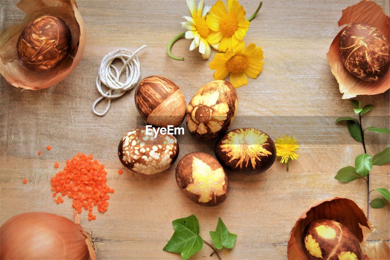 High angle view of easter egg decoration on table