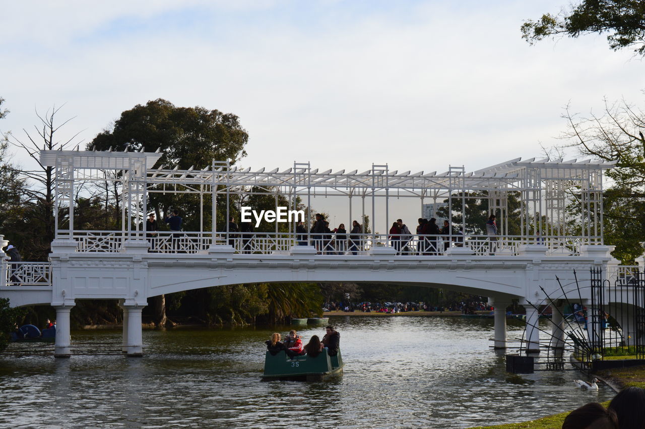 PEOPLE ON BRIDGE OVER RIVER AGAINST SKY