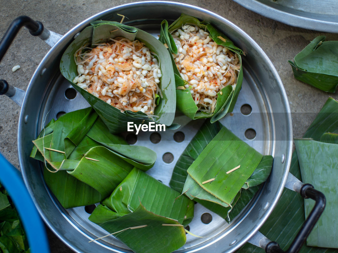 High angle view of food served on table