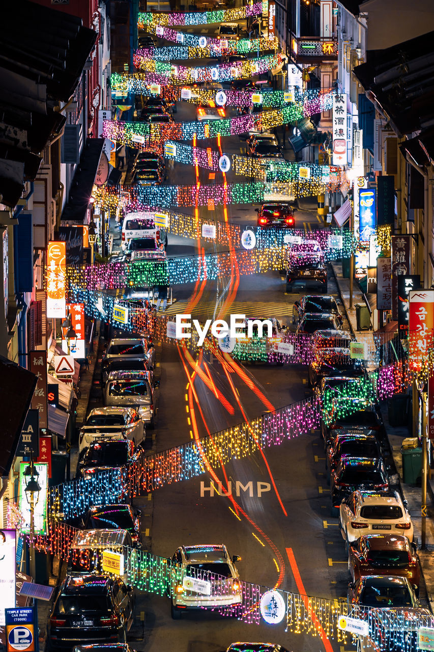 Aerial view of illuminated street market