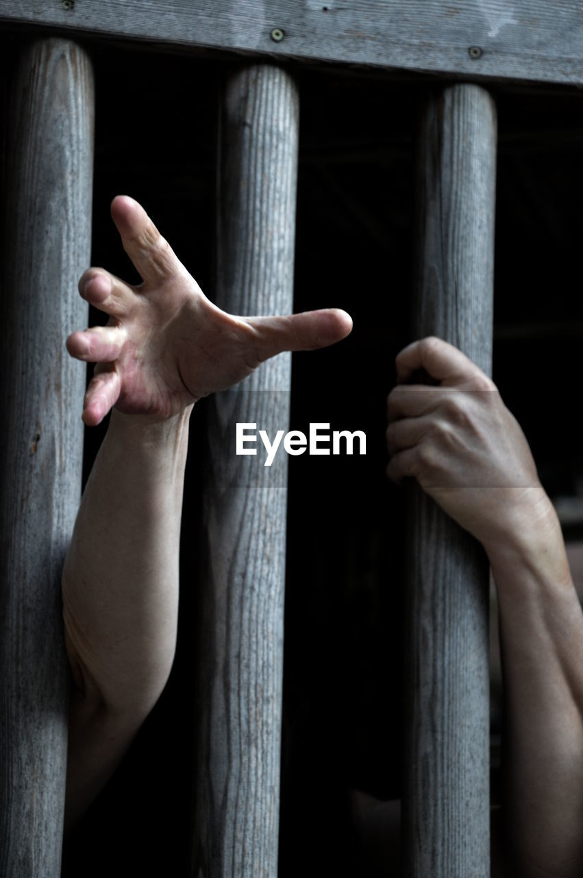 Prisoner behind wooden bars begging for help