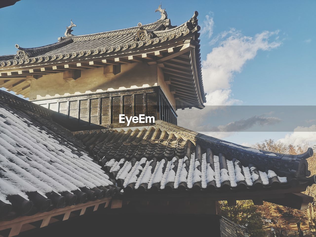 LOW ANGLE VIEW OF TEMPLE ROOF AGAINST BUILDING