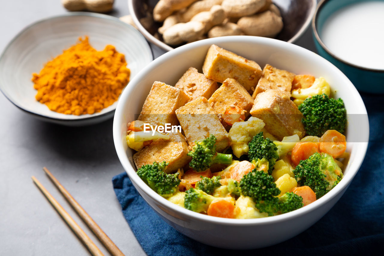 High angle view of food in bowls on table