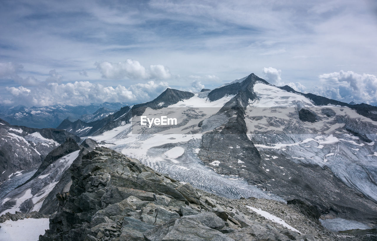 Scenic view of snowcapped mountains against sky