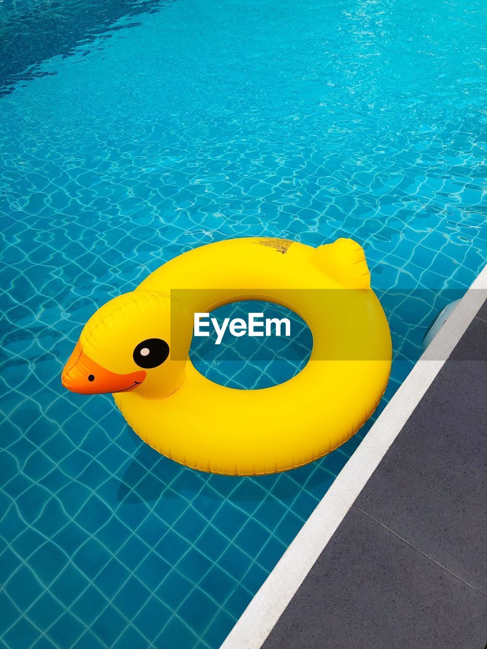 High angle view of yellow inflatable ring floating in swimming pool