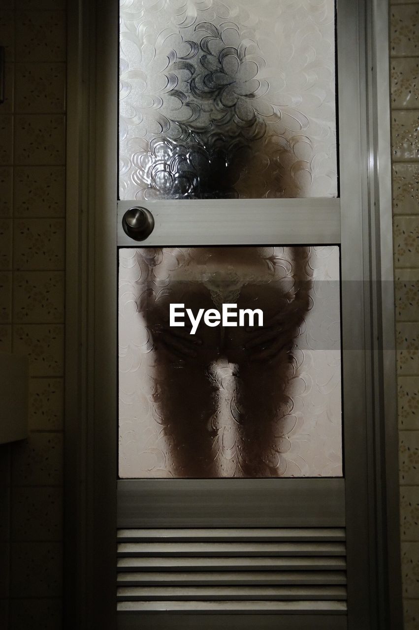 Rear view of seductive woman wearing underwear seen through glass door