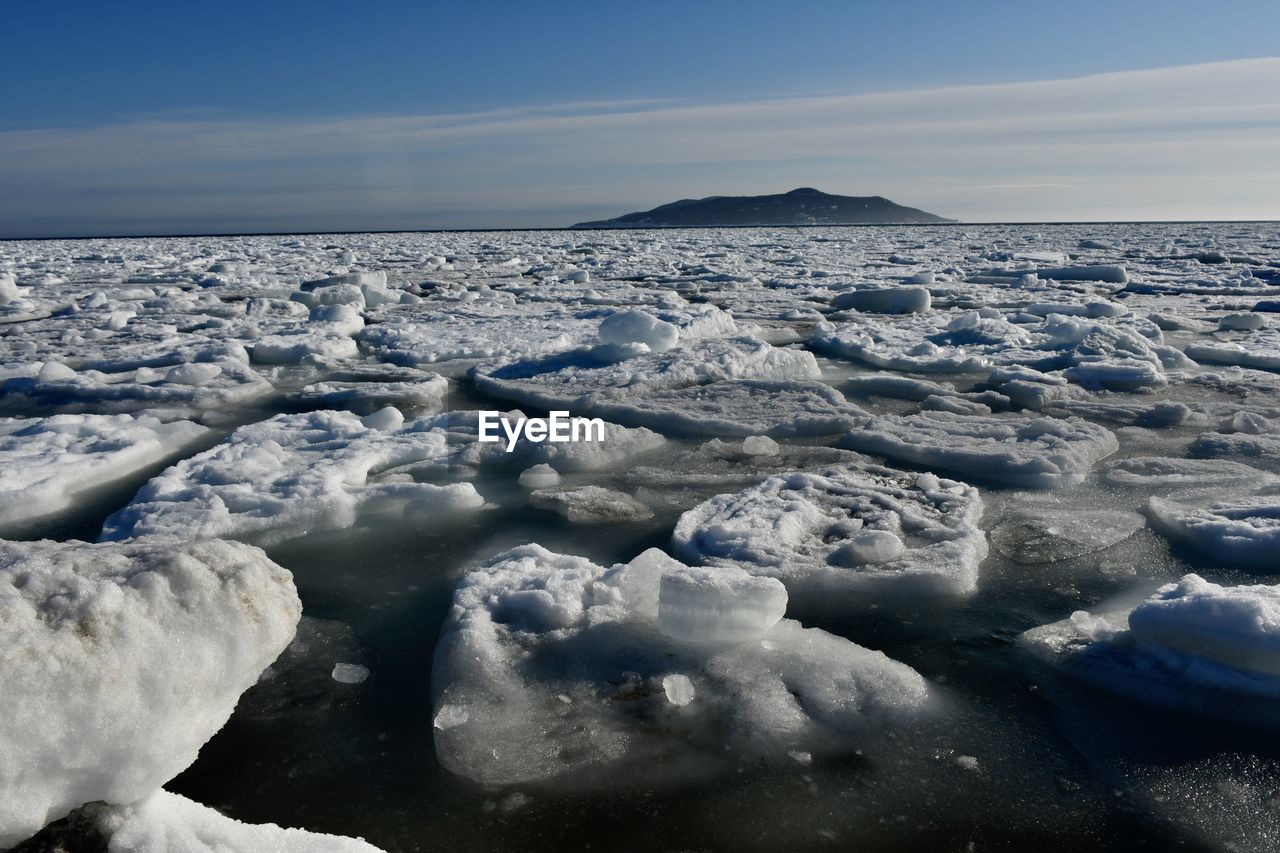 Scenic view of frozen sea against sky during winter