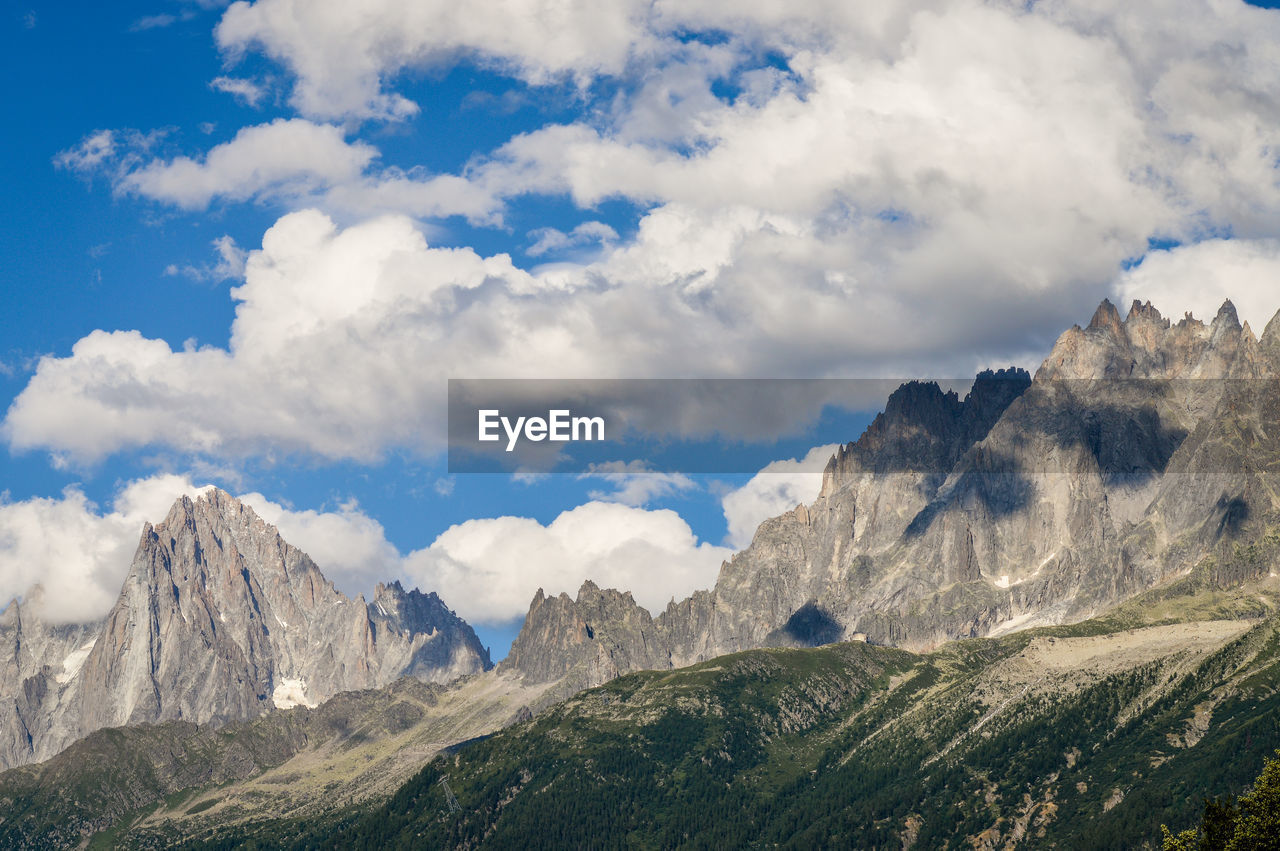 Panoramic view of mountain range against cloudy sky