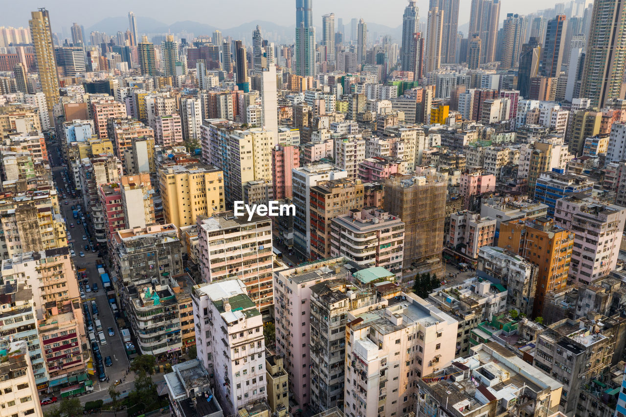 High angle view of buildings in city