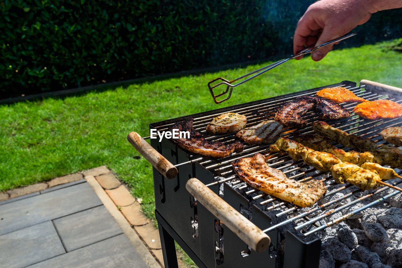 Different types of meat fried on the home grill, standing on a home garden on the paving stone.