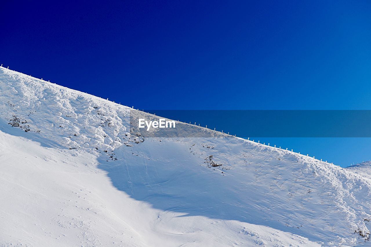 Snow covered mountain against clear blue sky