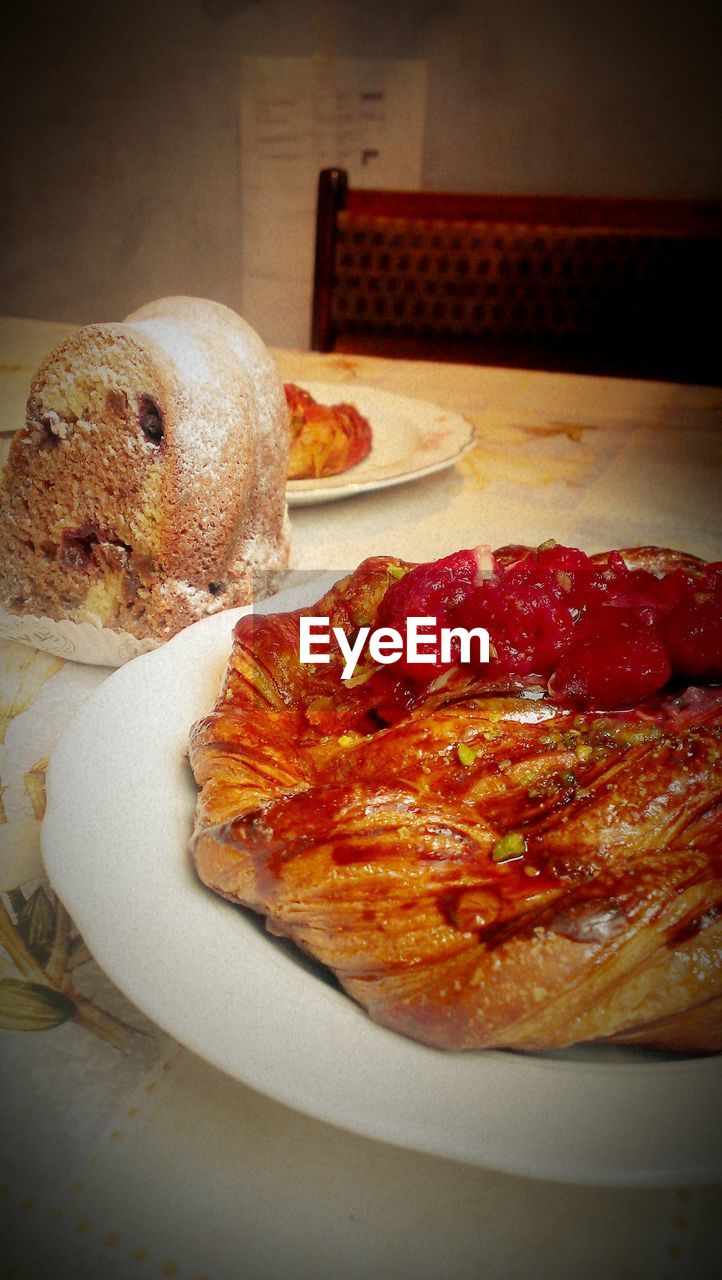 Close-up of cakes served on table