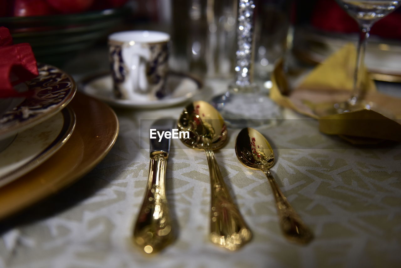 High angle view of glasses on table