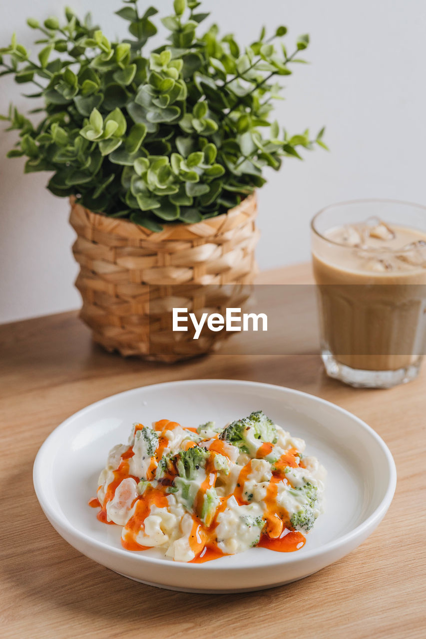 high angle view of food in bowl on table
