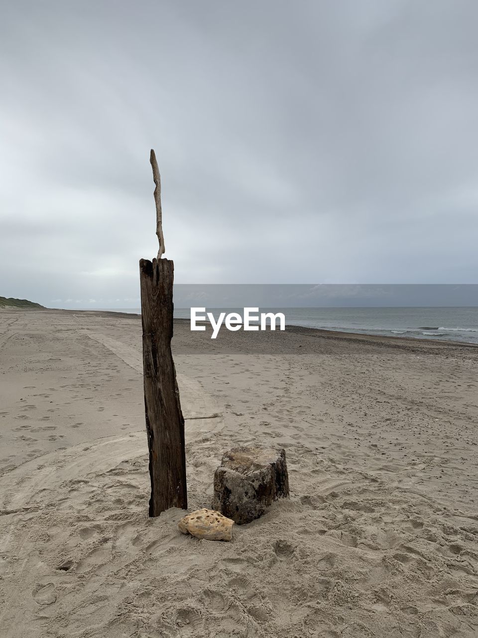 DRIFTWOOD ON WOODEN POST AT BEACH AGAINST SKY