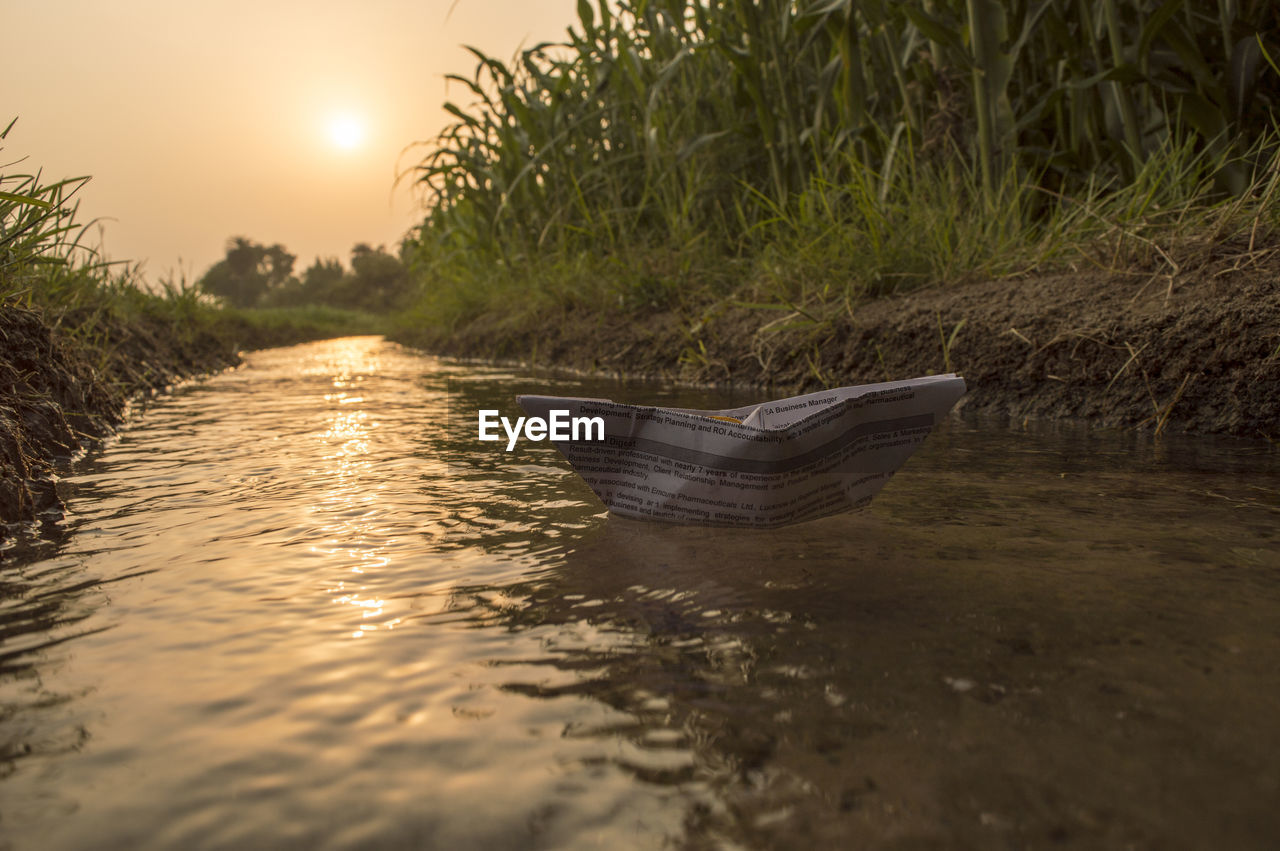 Paper boat floating on water