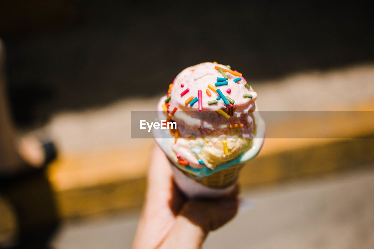 Close-up of hand holding ice cream cone