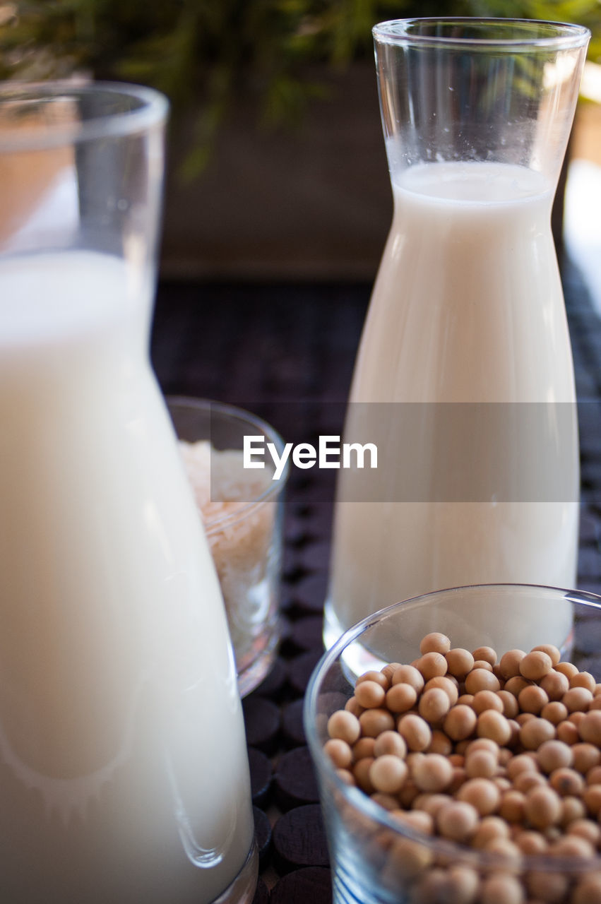 Close-up of milk with soybeans in bowl