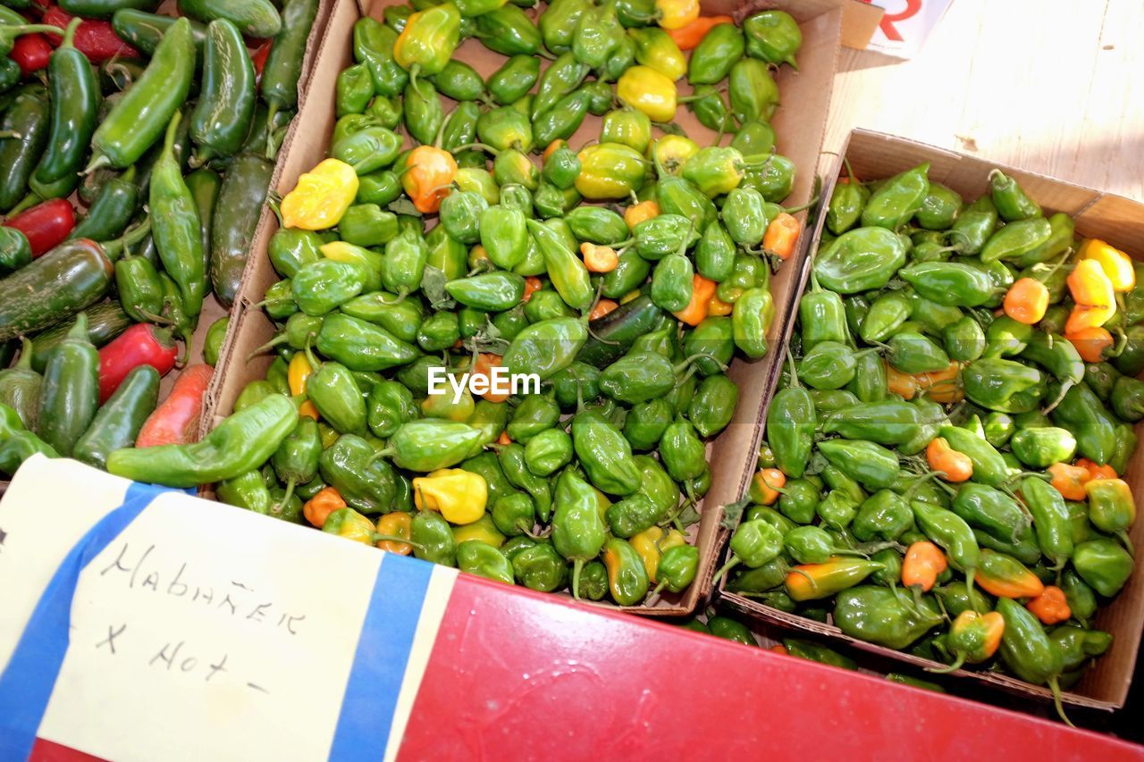 HIGH ANGLE VIEW OF VEGETABLES IN MARKET STALL