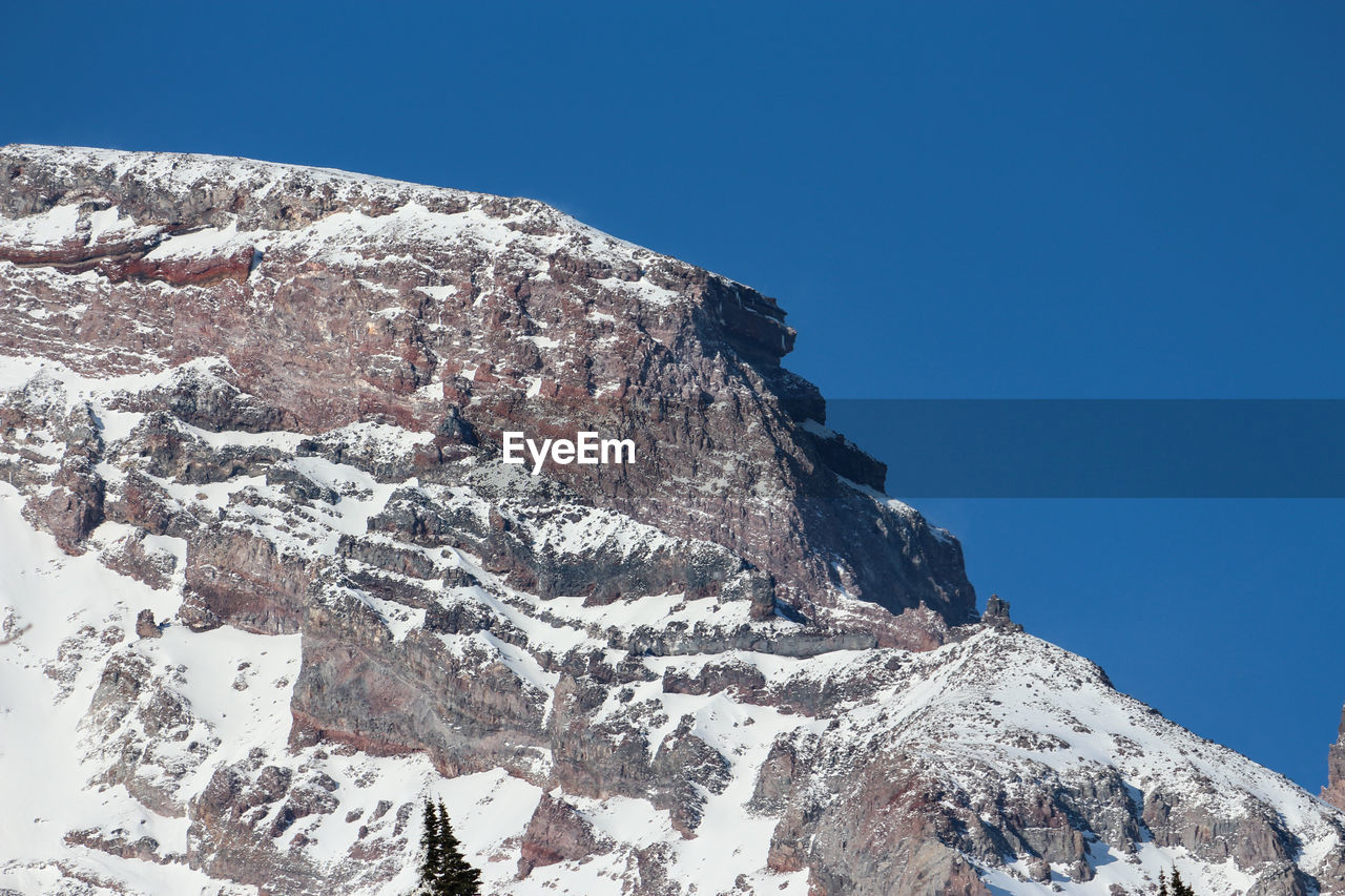 Low angle view of snowcapped mountain against clear blue sky