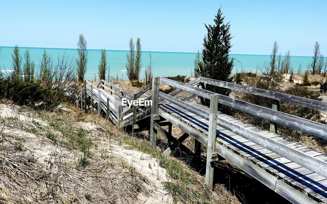 Scenic view of lakeshore boardwalk