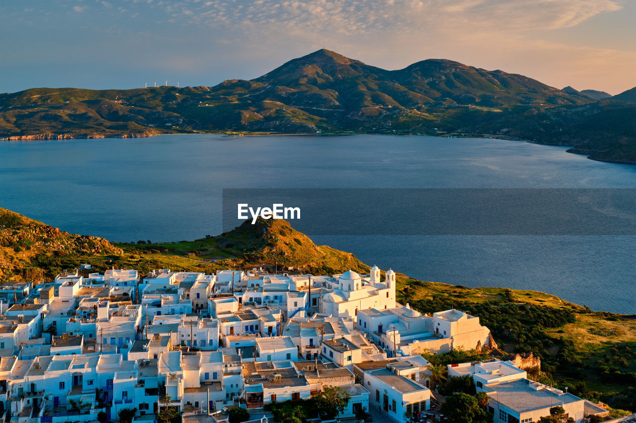 View of plaka village on milos island on sunset in greece