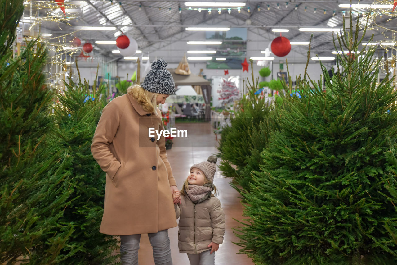 Mother and daughter choose a christmas tree in the market.