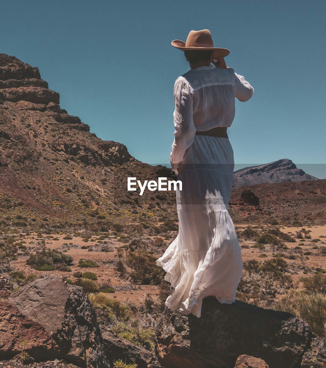 Rear view of woman standing at desert