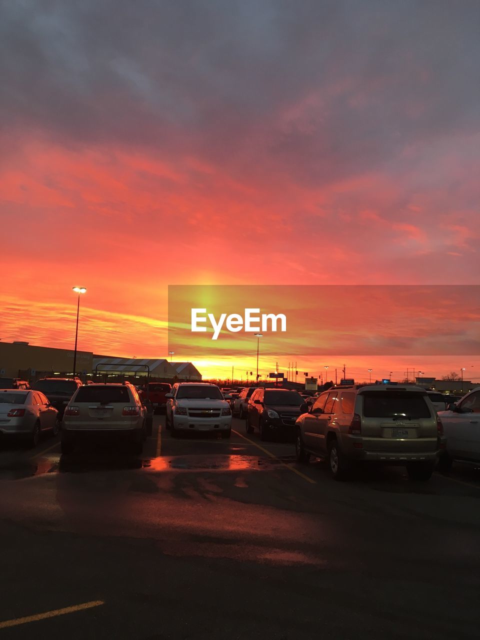 CARS ON ROAD AGAINST ORANGE SKY