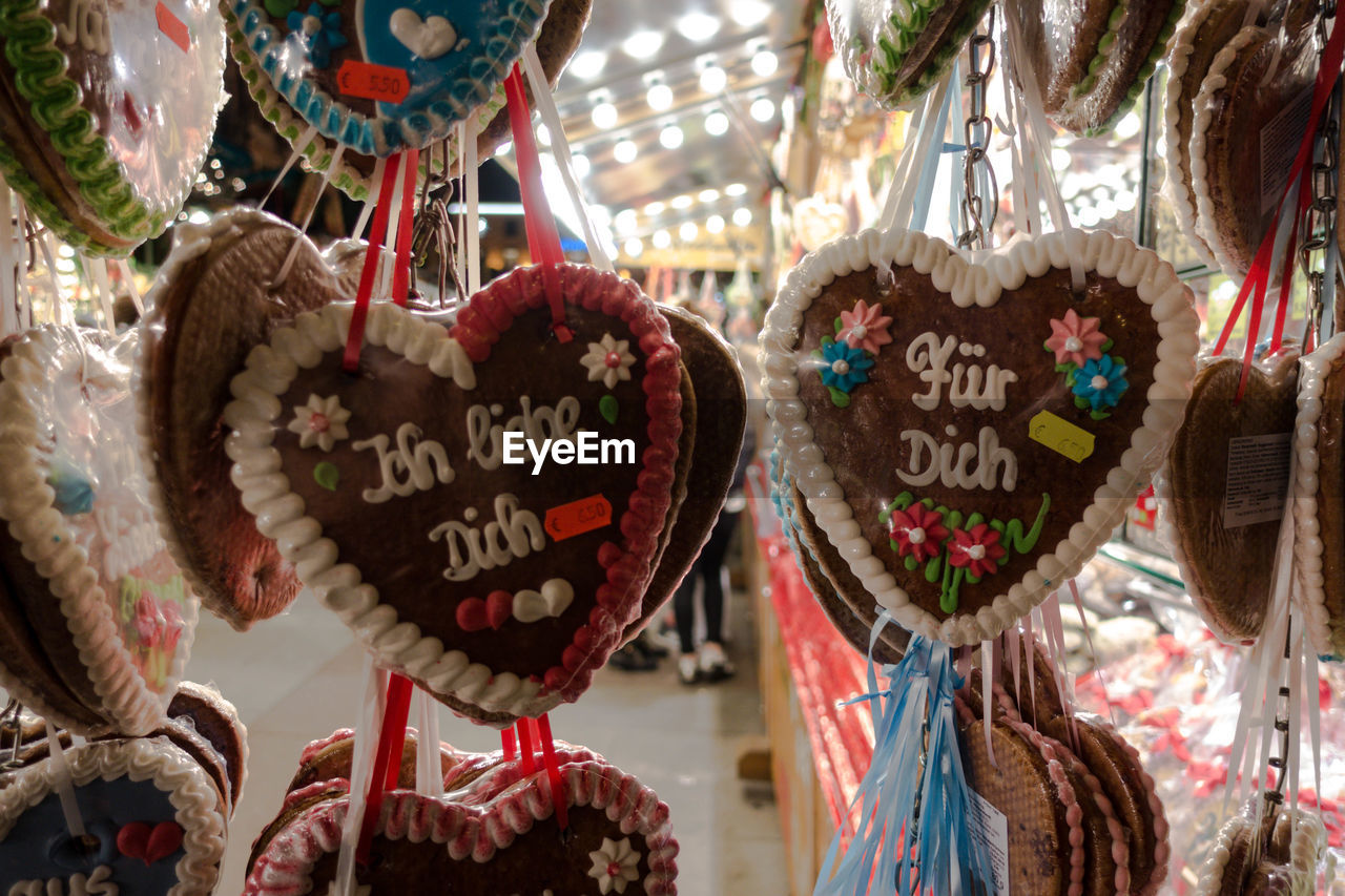 Close-up of heart shape decorations for sale at market stall