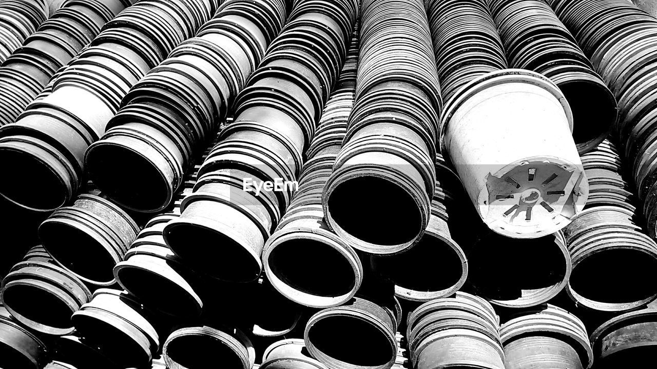 High angle view of pots in industry