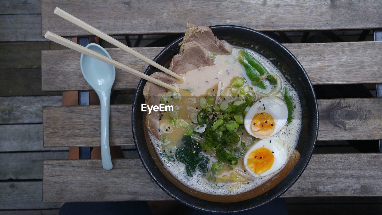 High angle view of asian food on table